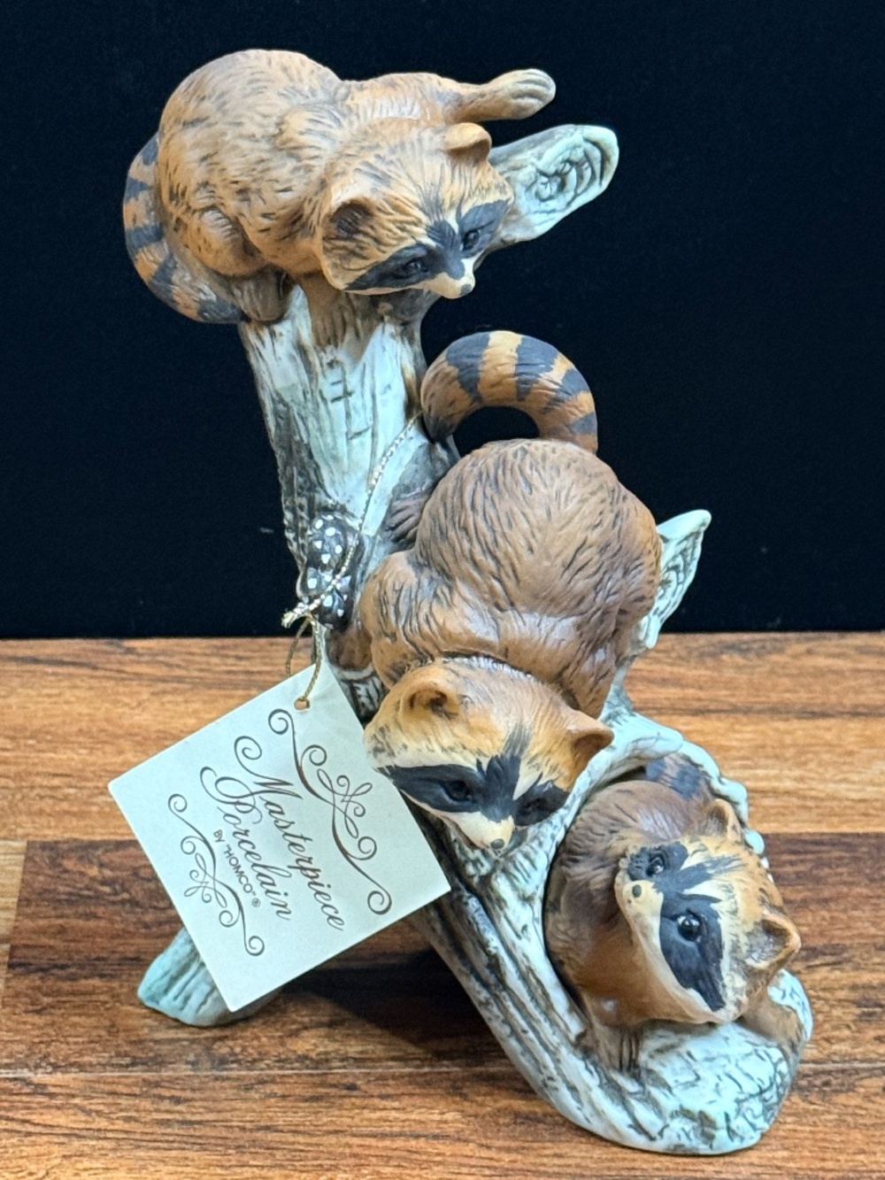 HOMCO Masterpiece Porcelain Raccoons on Tree Figurine